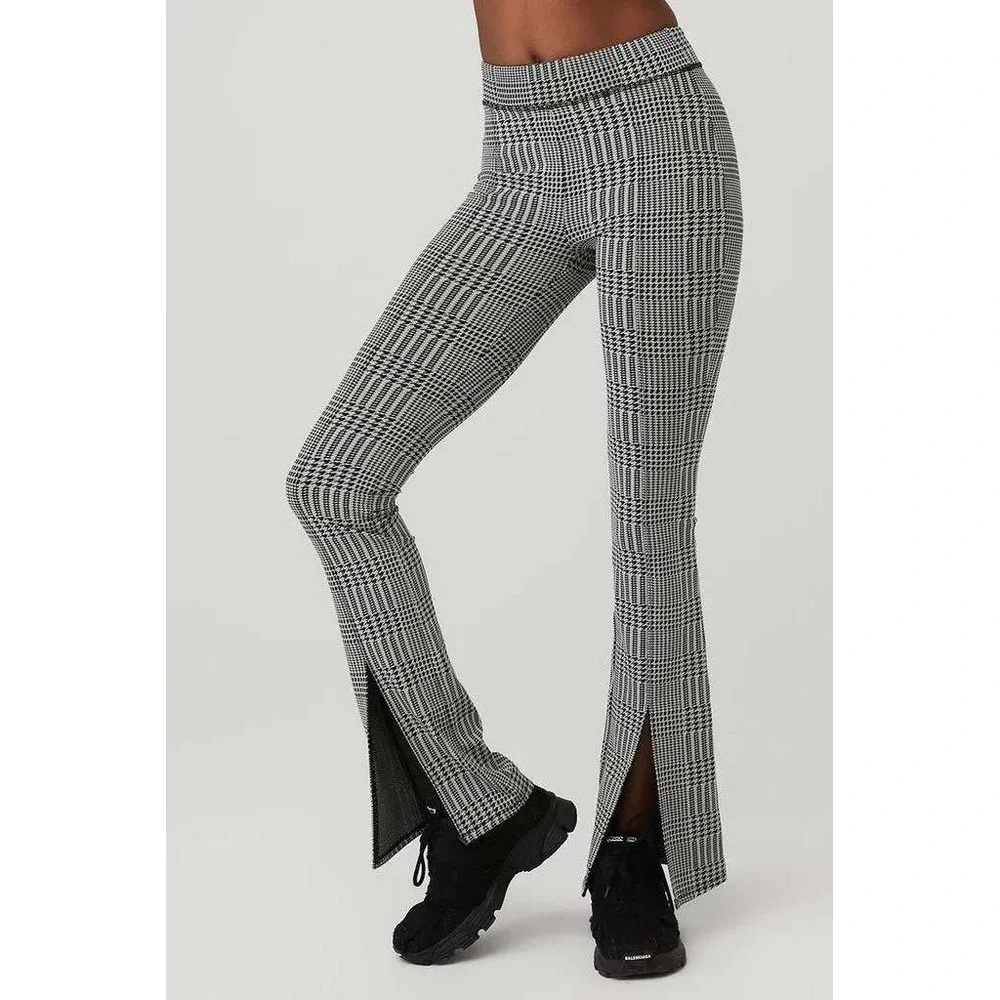 Alo Yoga Airbrush High-Waist Flare Leggings Womens L Blk White Houndstooth Plaid